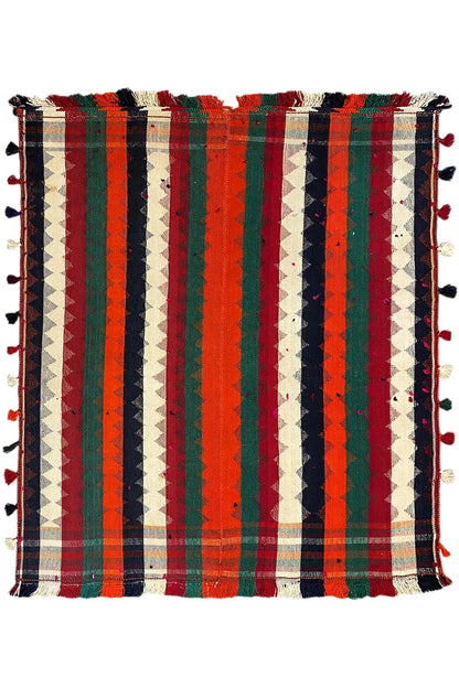 Square jajim rug: vertical stripes in red, green, blue, and cream, with fringe.