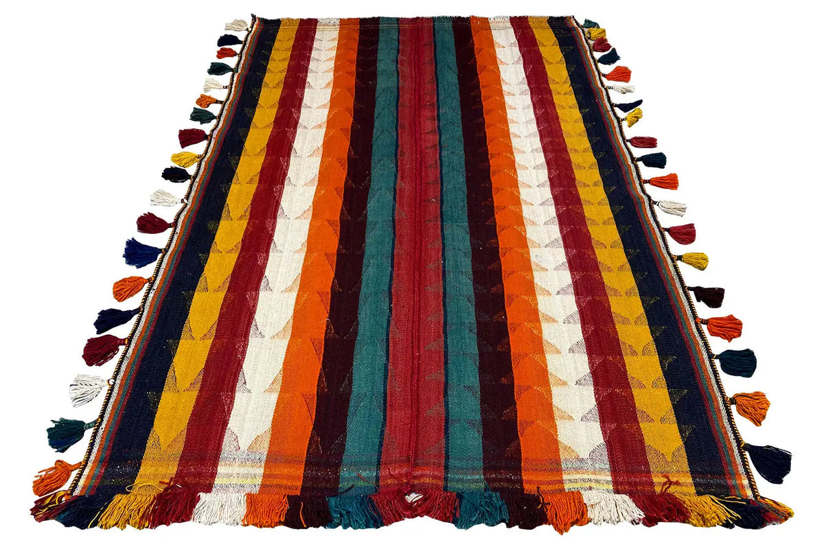 Jajim rug 212x137 cm with vertical stripes and colorful tassels along the edges