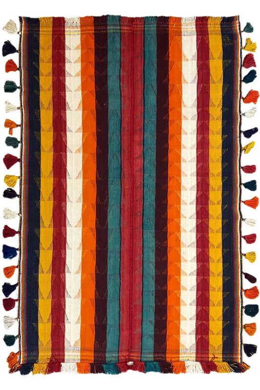 Jajim rug 212x137 cm, striped in red, orange, green and blue, with tassels