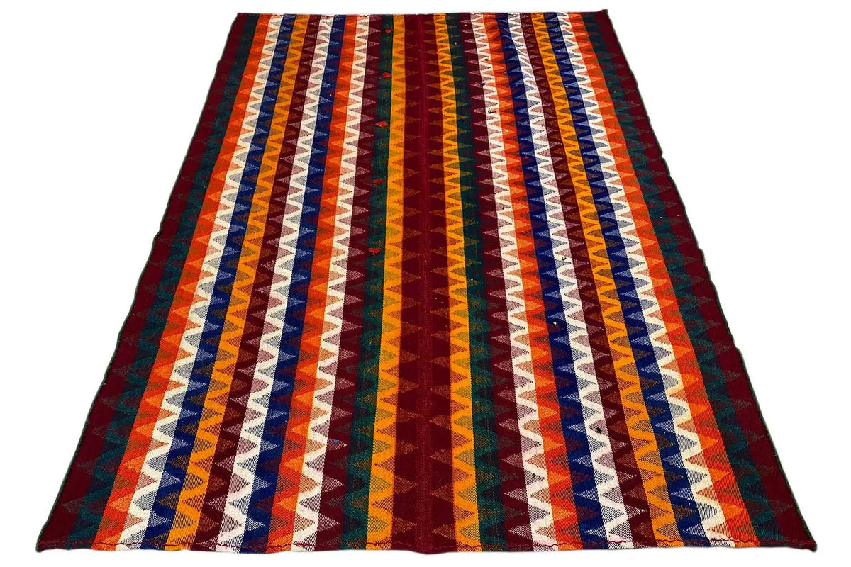 Jajim rug (215x162 cm) with a wide zigzag stripe pattern in red, blue, and yellow