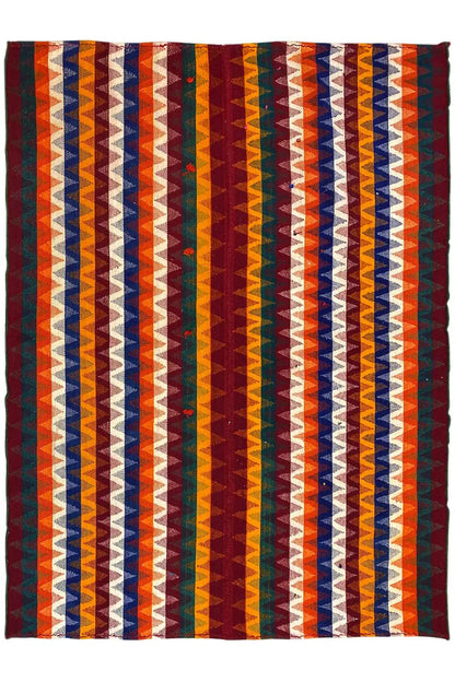 Jajim rug with vertical zigzag stripes in red, blue, green, and yellow