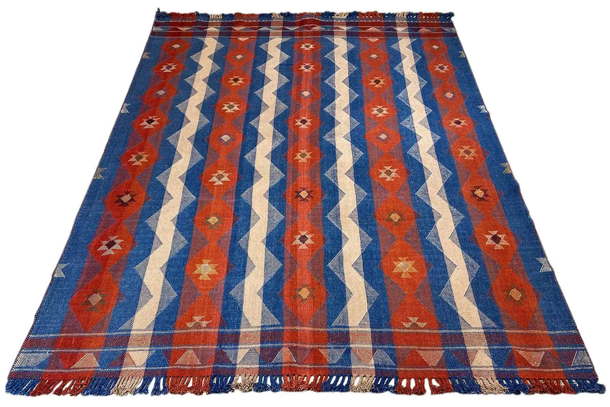 Jajim Exclusive rug 191x254 cm, blue-red-cream stripes, geometric motifs, fringes
