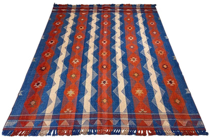 Jajim Exclusive rug 191x254 cm, blue-red-cream stripes, geometric motifs, fringes