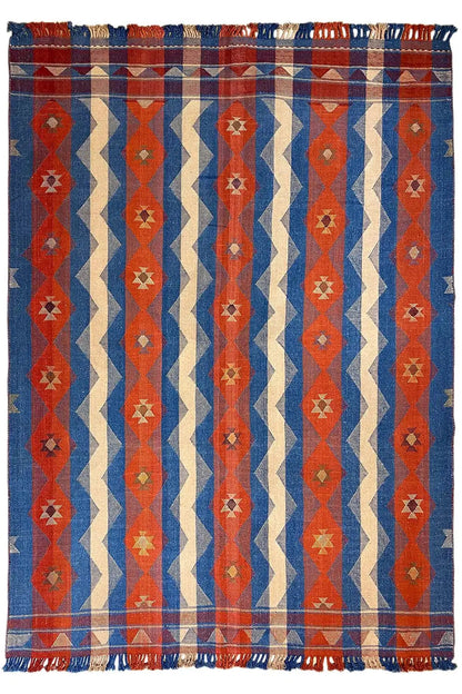 Jajim Exclusive rug 191x254 cm, blue-red with geometric pattern, fringes on the edges