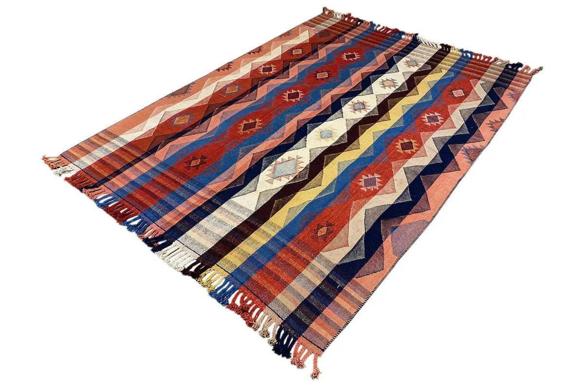 Jajim exclusive rug, diagonal view with colored stripes and fringes