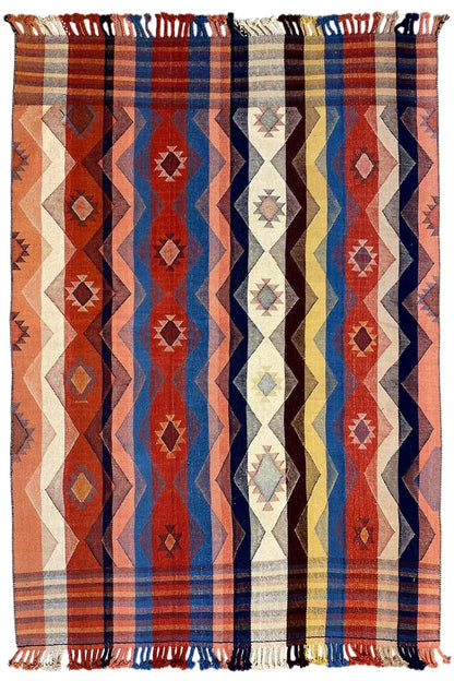 Jajim exclusive rug with geometric pattern and fringes, colorful stripes