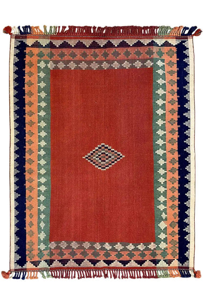 Jajim rug 235x157 cm, flat-woven: red field with a diamond motif and colorful borders