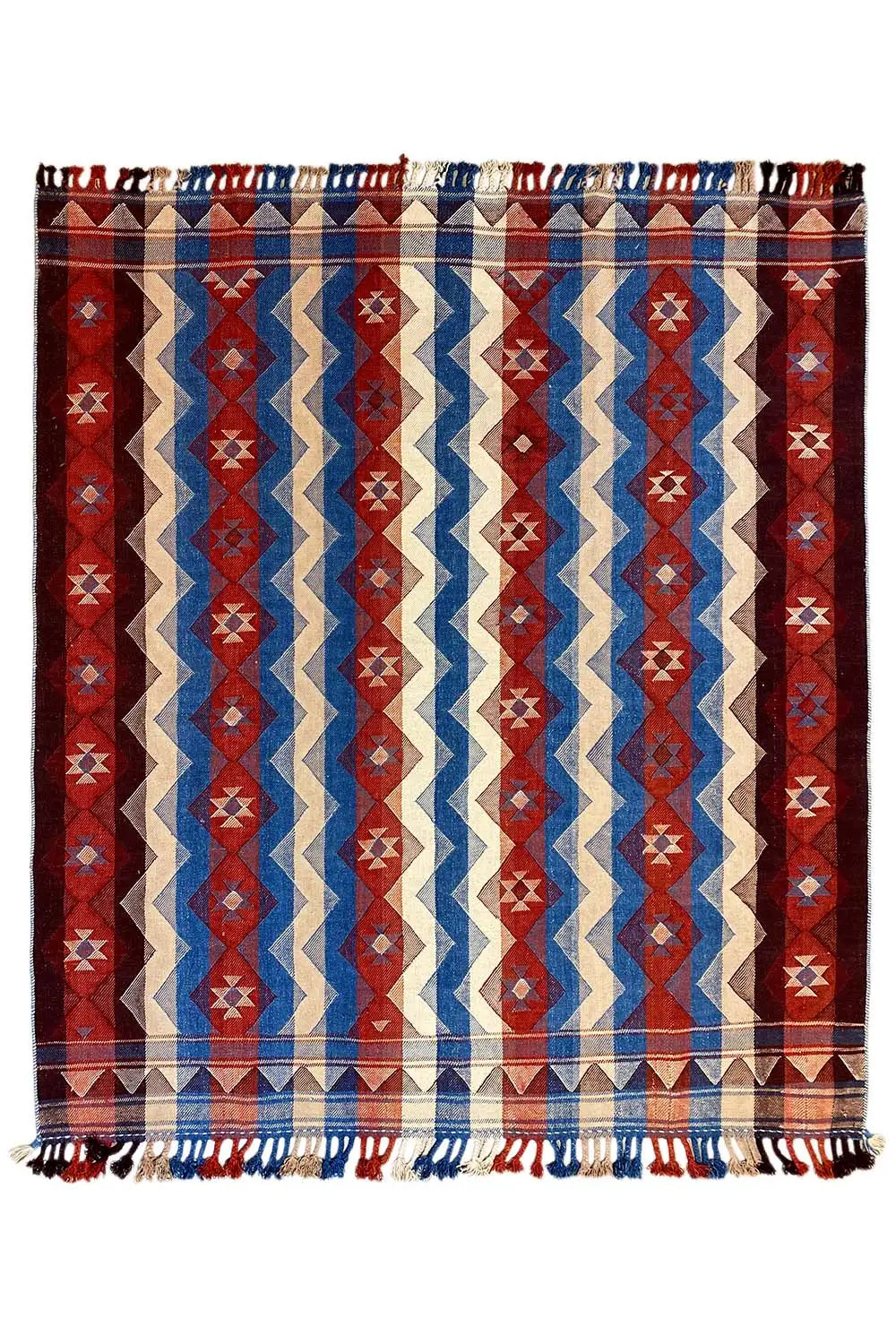 Jajim rug with a geometric zigzag and diamond pattern in red, blue, and cream