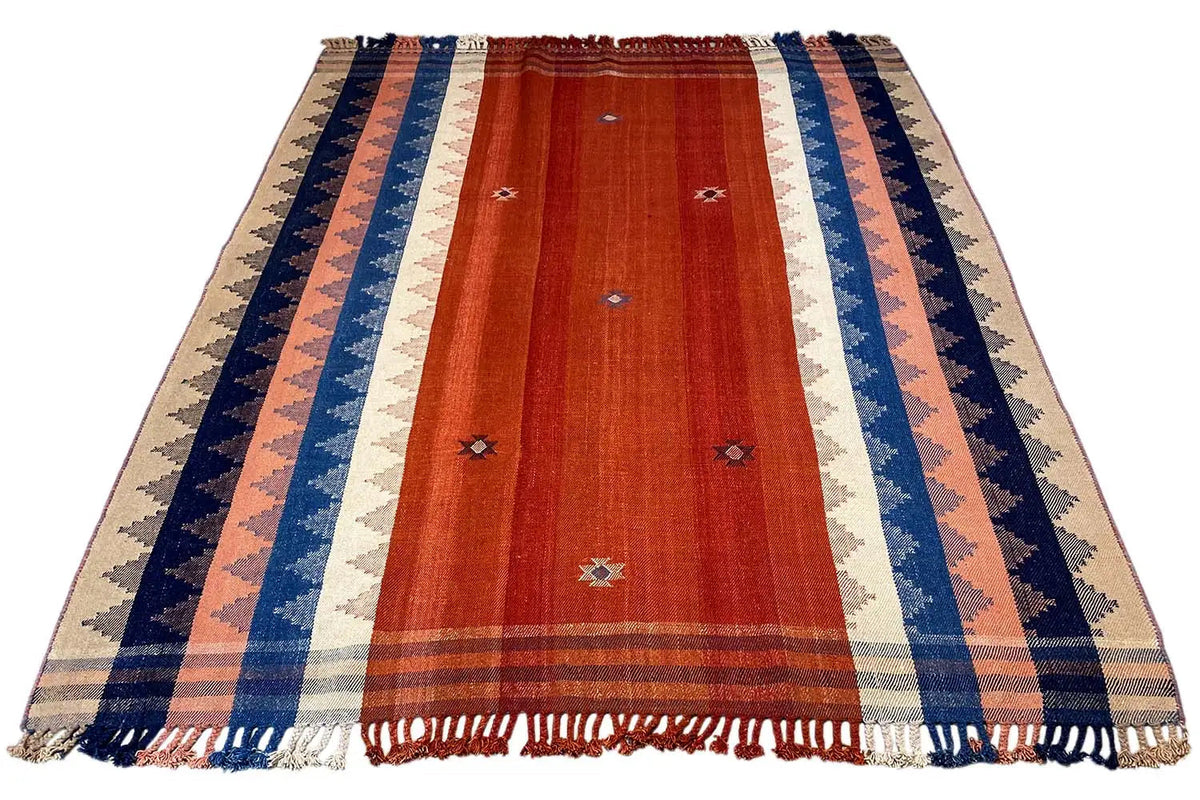 Jajim rug 242x185 cm with central rust-red stripe, blue border stripes, fringe