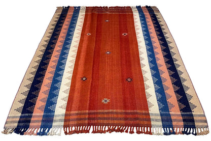 Jajim rug 242x185 cm with central rust-red stripe, blue border stripes, fringe