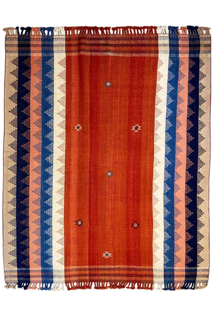 Jajim rug 242x185 cm with a red center and vertical stripes in blue and beige