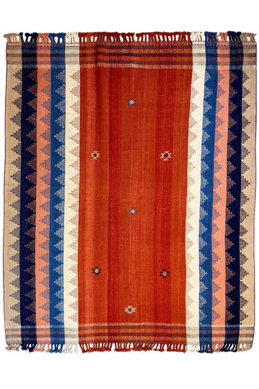 Jajim rug 242x185 cm with a red center and vertical stripes in blue and beige