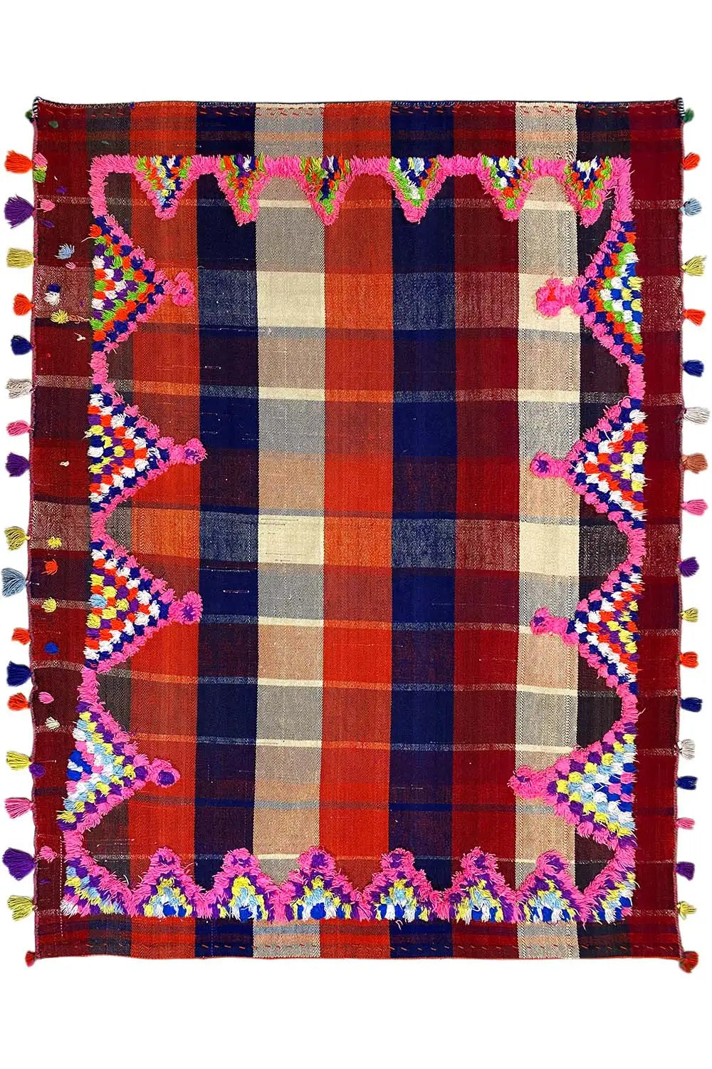 Colorful Jajim rug square with a checked center and decorative tasseled border