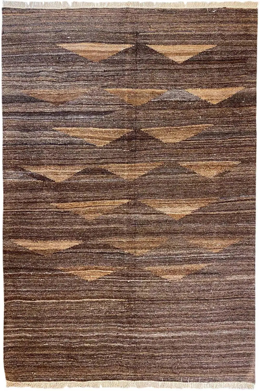 Kilim Qashqai rug with diamond and stripe pattern in dark brown and beige, 199×146 cm