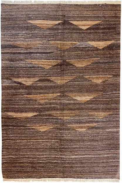 Kilim Qashqai rug with diamond and stripe pattern in dark brown and beige, 199×146 cm