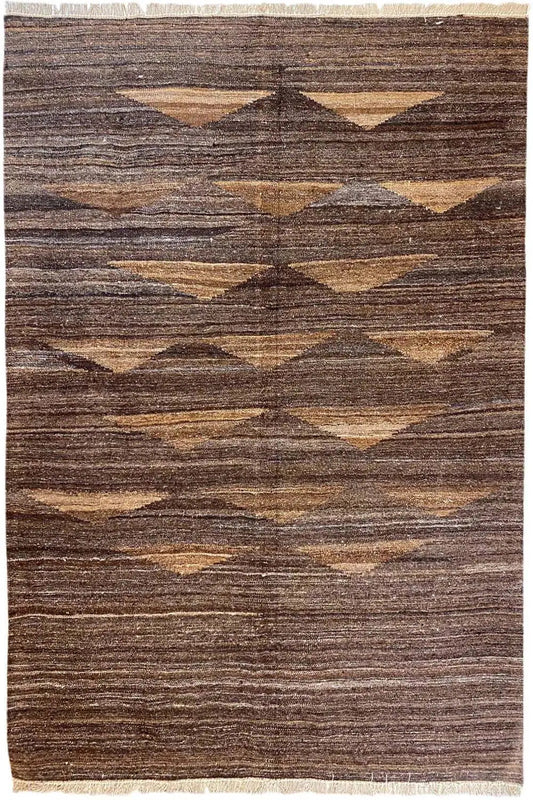 Kilim Qashqai rug with diamond and stripe pattern in dark brown and beige, 199×146 cm