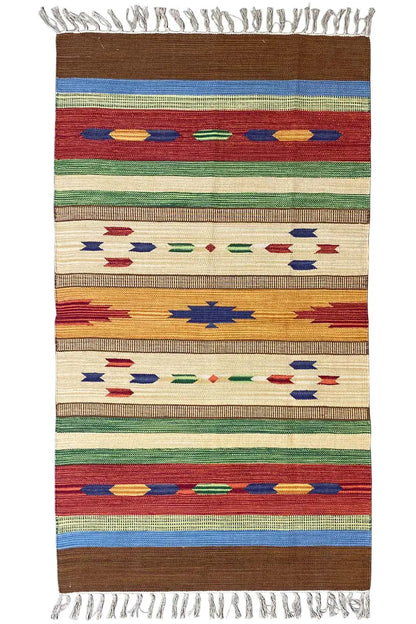 Modern kilim: multicolored stripes & geometric patterns, brown background, fringe
