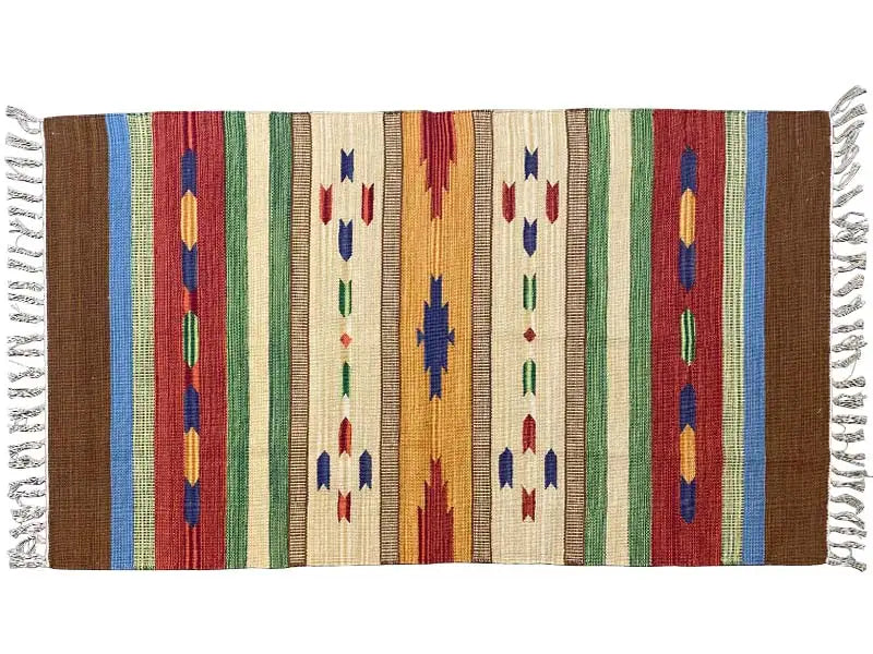 Rug with colorful vertical stripes and ornaments, brown border, fringe