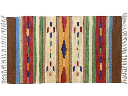 Rug with colorful vertical stripes and ornaments, brown border, fringe