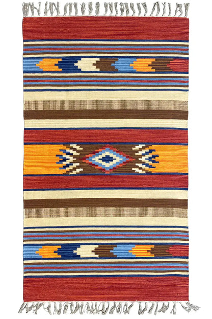 Kilim rug with stripes and diamond pattern, fringes, warm red-orange