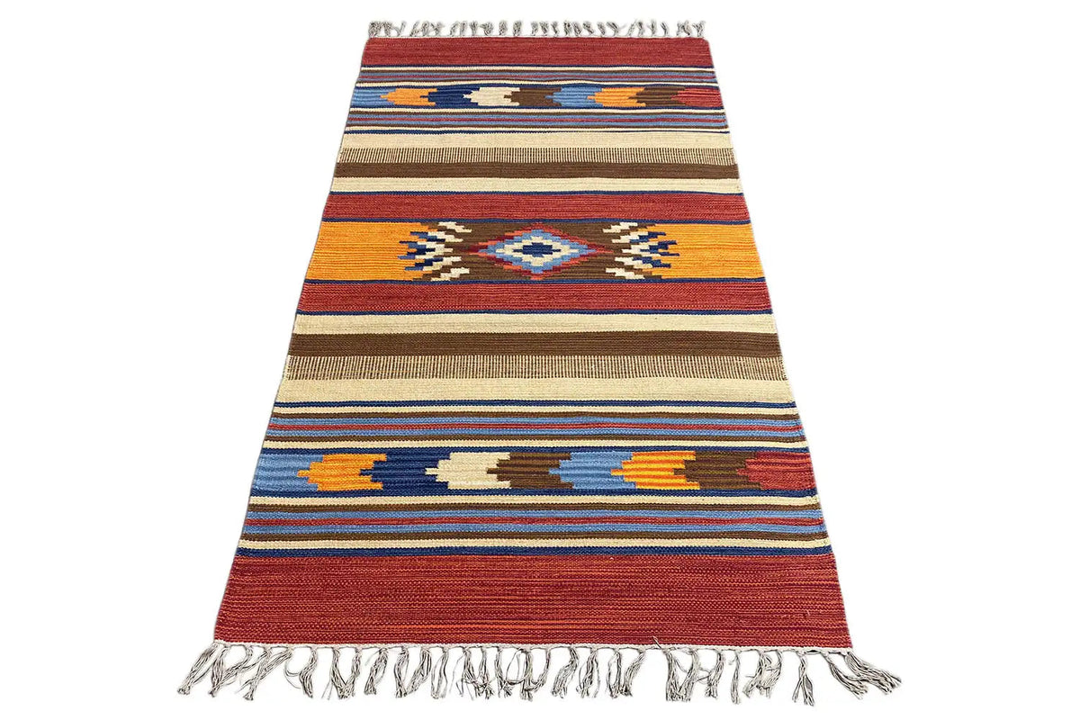 Kilim runner with a geometric striped pattern, fringes, multicolored