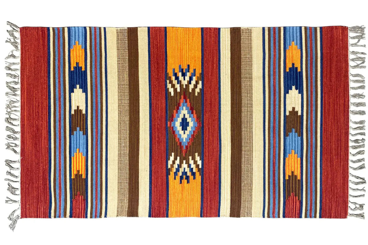 Kilim rug with stripes and a central diamond pattern, fringes, multicolored