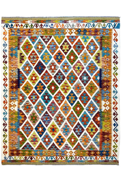 Afghan kilim 199×151 cm with a symmetrical geometric pattern and fringes