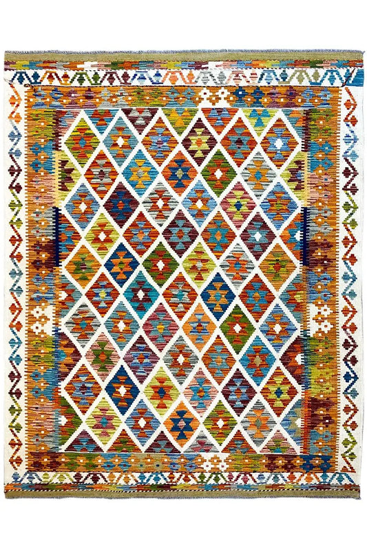 Afghan kilim 199×151 cm with a symmetrical geometric pattern and fringes