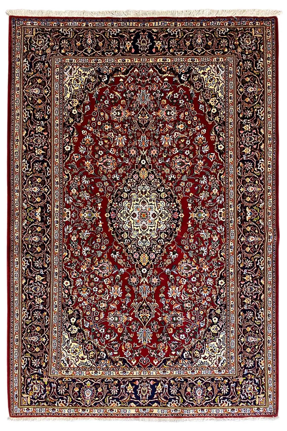 Keshan rug with a red central medallion, dark border, and decorative vines, flat-weave