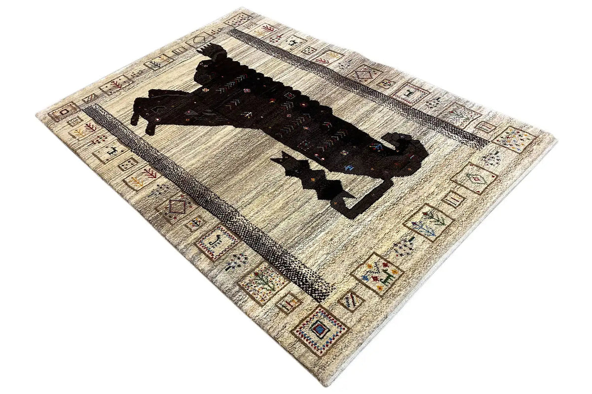 Gabbeh rug with a lion motif, diagonally oriented, frame with a patterned border