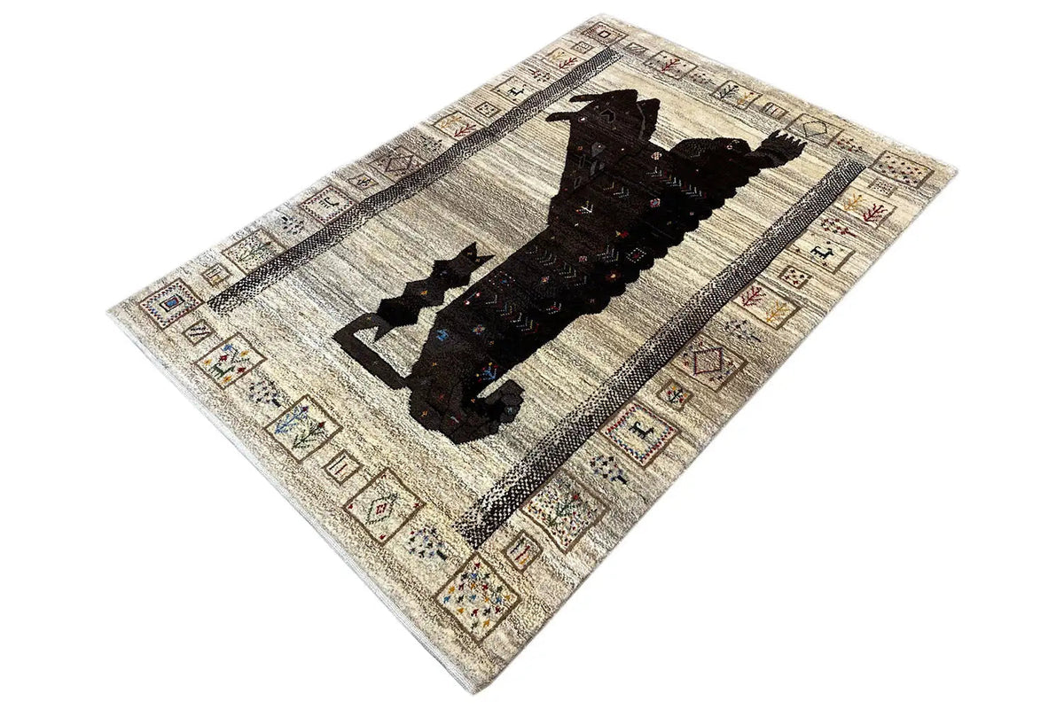 Gabbeh rug with lion motif, rectangular frame with colorful patterned inserts