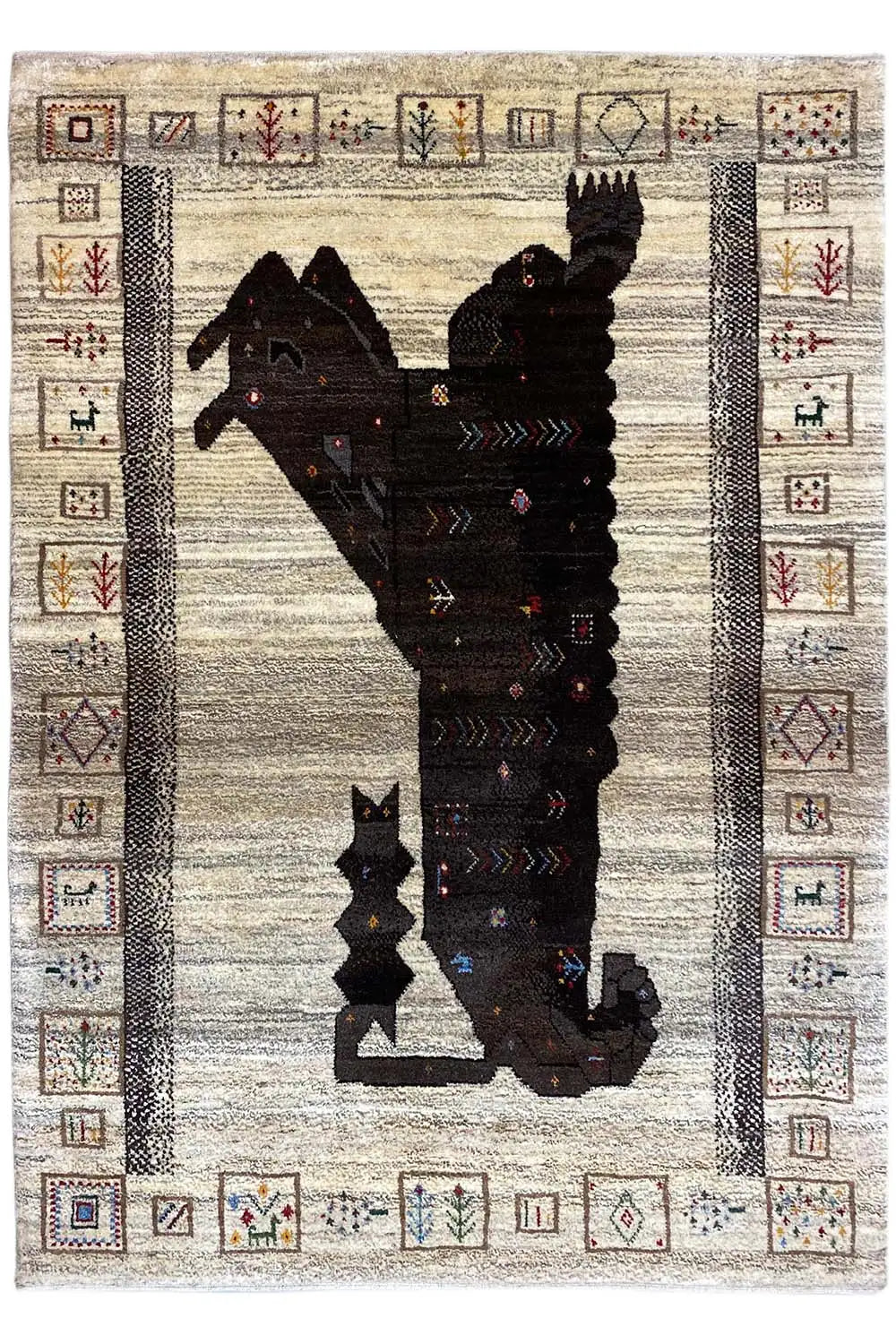 Gabbeh rug with a lion motif, beige-brown background, and black ornamental border