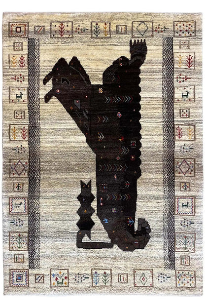 Gabbeh rug with a lion motif, beige-brown background, and black ornamental border