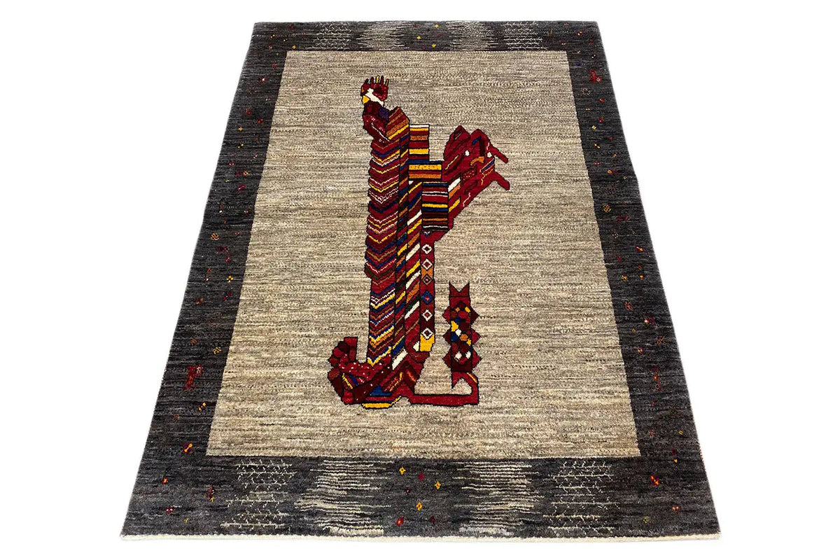 Gabbeh rug with a lion motif on a beige field, dark border, multicolored