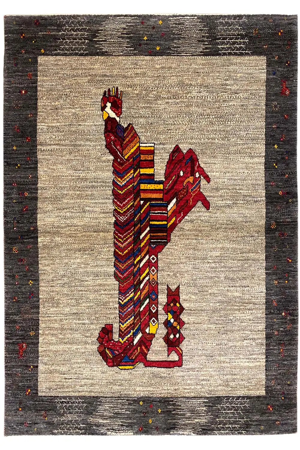 Gabbeh rug with lion motif: beige field, dark border, multicolored pattern