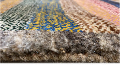 Close-up of the carpet surface: multicolored stripes, dense pile, and a frayed edge