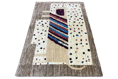 Gabbeh rug 121x83 cm, angled: gray border with stripes and colorful dot patterns