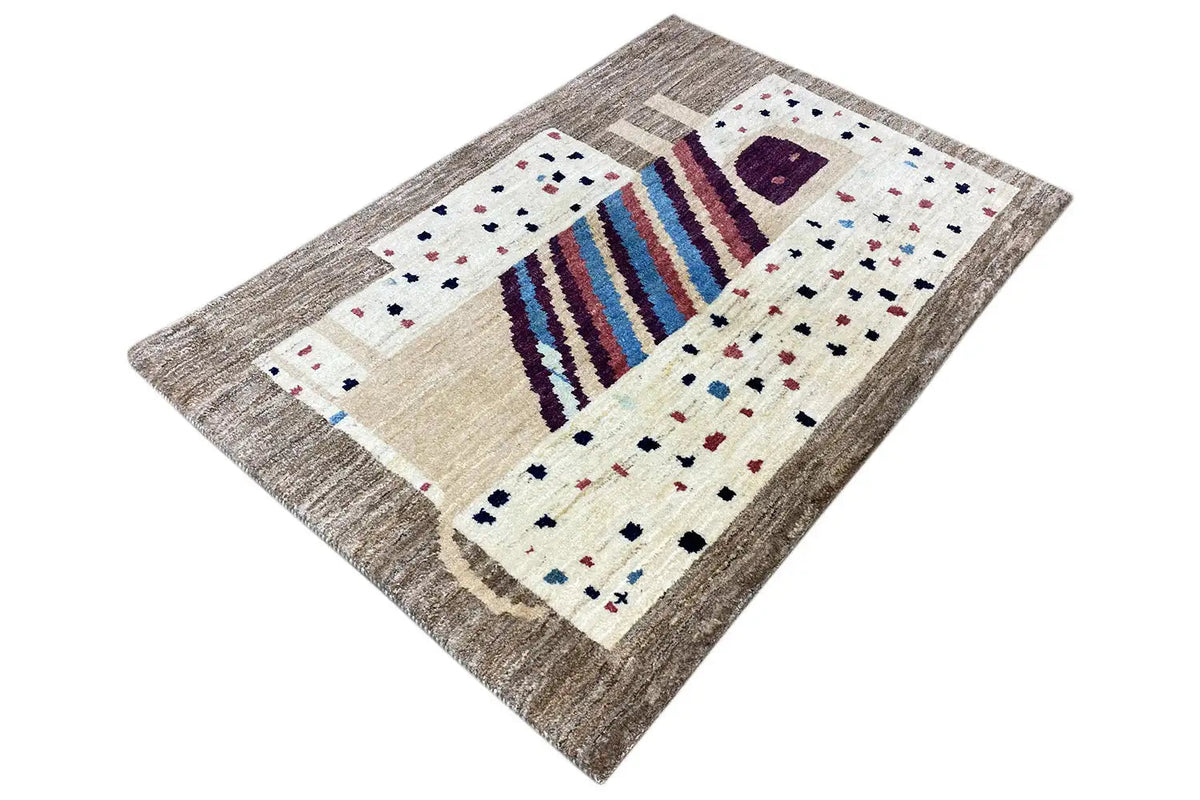 Gabbeh rug 121x83 cm, rotated: multicolored stripes between a beige and gray background