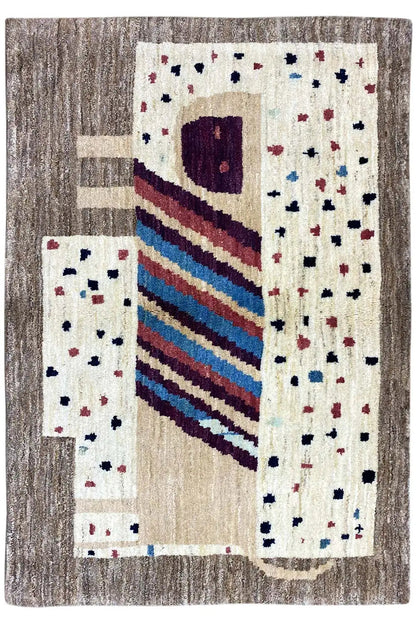 Gabbeh rug 121x83 cm with geometric pattern: cream, gray, blue, purple