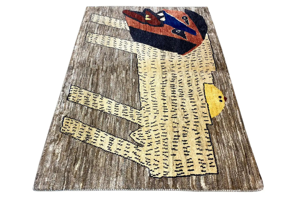 Gabbeh rug with lion motif, taupe base, yellow and dark blue accents