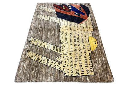 Gabbeh rug with lion motif, taupe base, yellow and dark blue accents