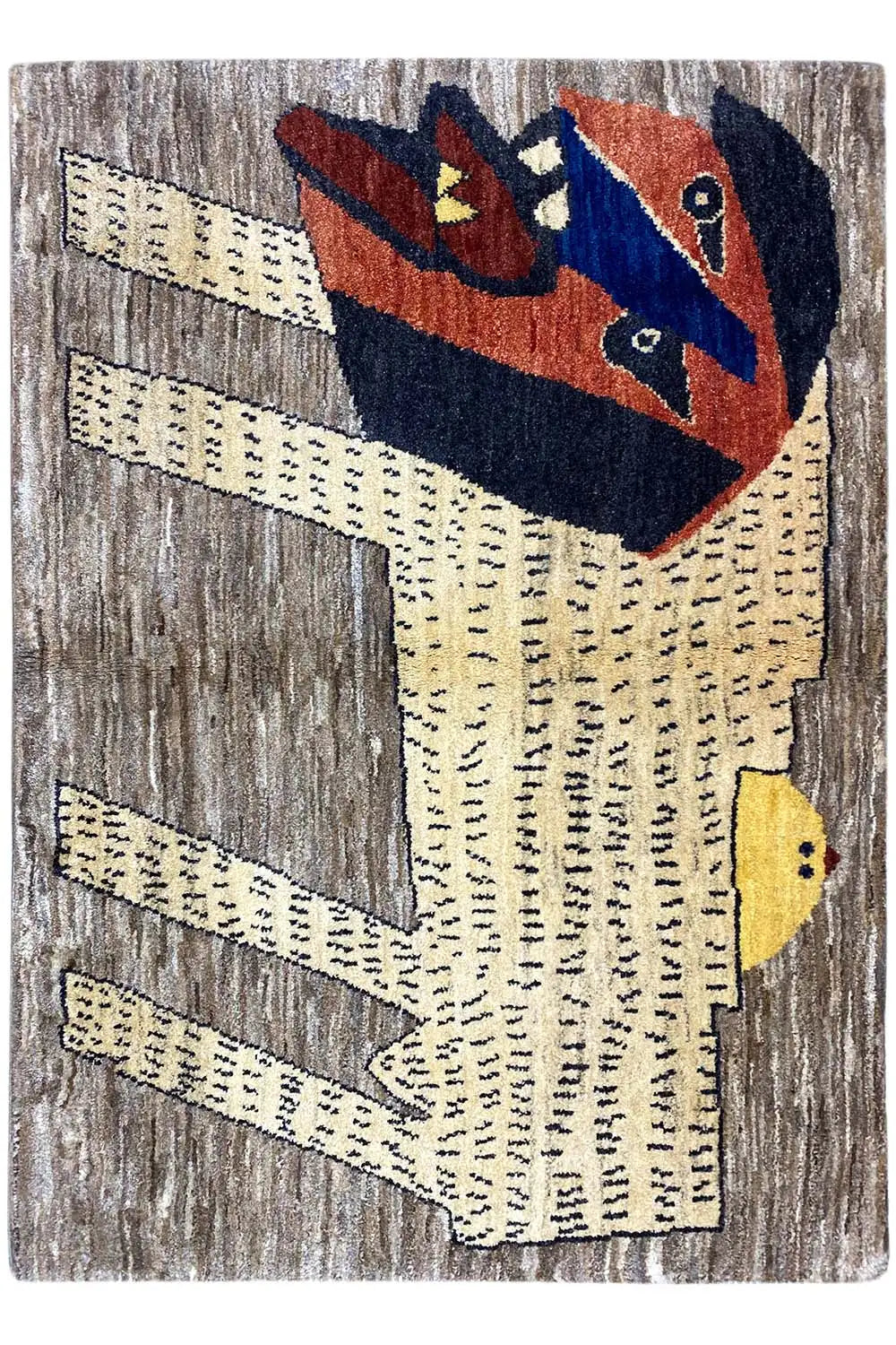 Gabbeh rug with a lion motif, gray-brown background, and yellow-blue accents, 118x80 cm