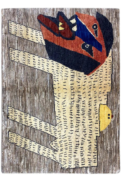 Gabbeh rug with a lion motif, gray-brown background, and yellow-blue accents, 118x80 cm