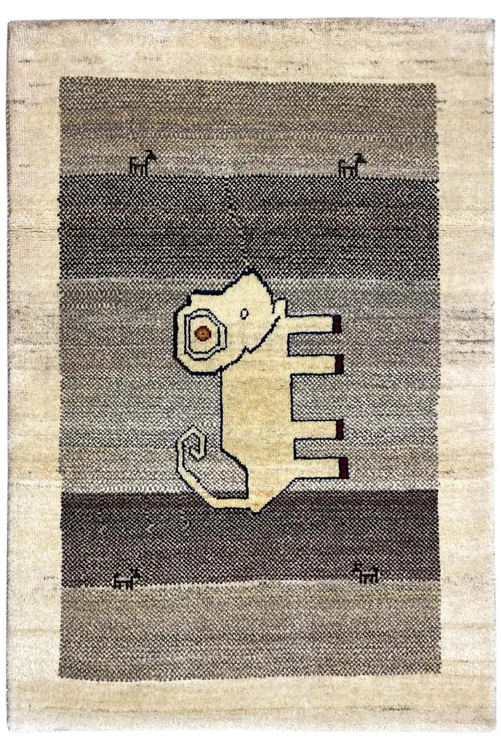 Gabbeh rug with lion motif in shades of gray and beige