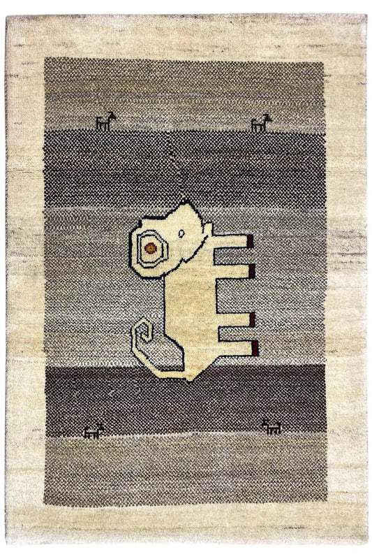 Gabbeh rug with lion motif in shades of gray and beige