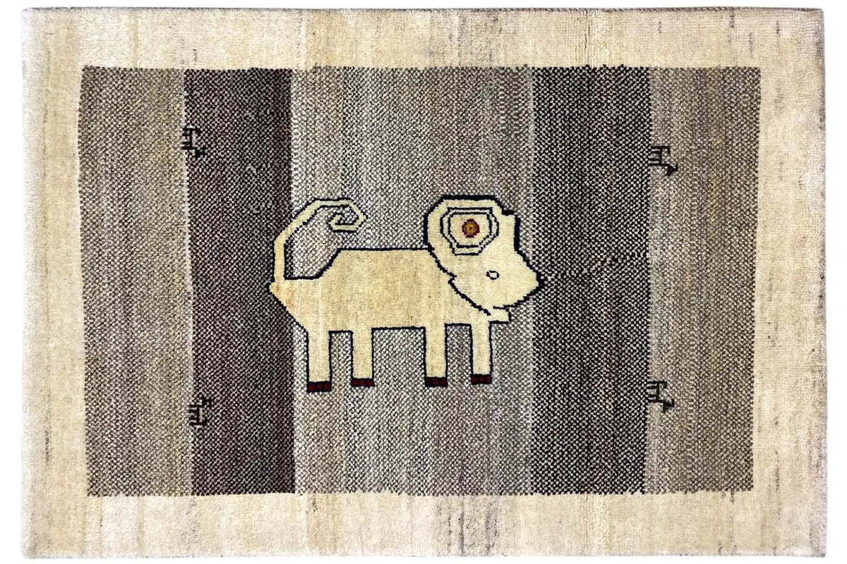 Gabbeh rug with a lion motif and dark and light stripes