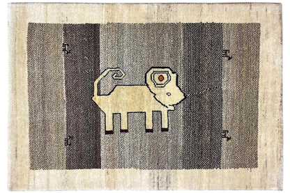 Gabbeh rug with a lion motif and dark and light stripes