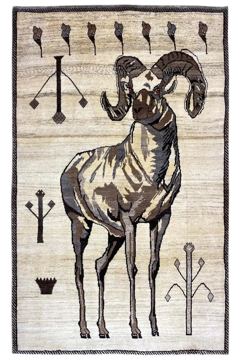 Gabbeh rug with lion’s head and figure, cream-colored, black and brown decorative motifs, framed border