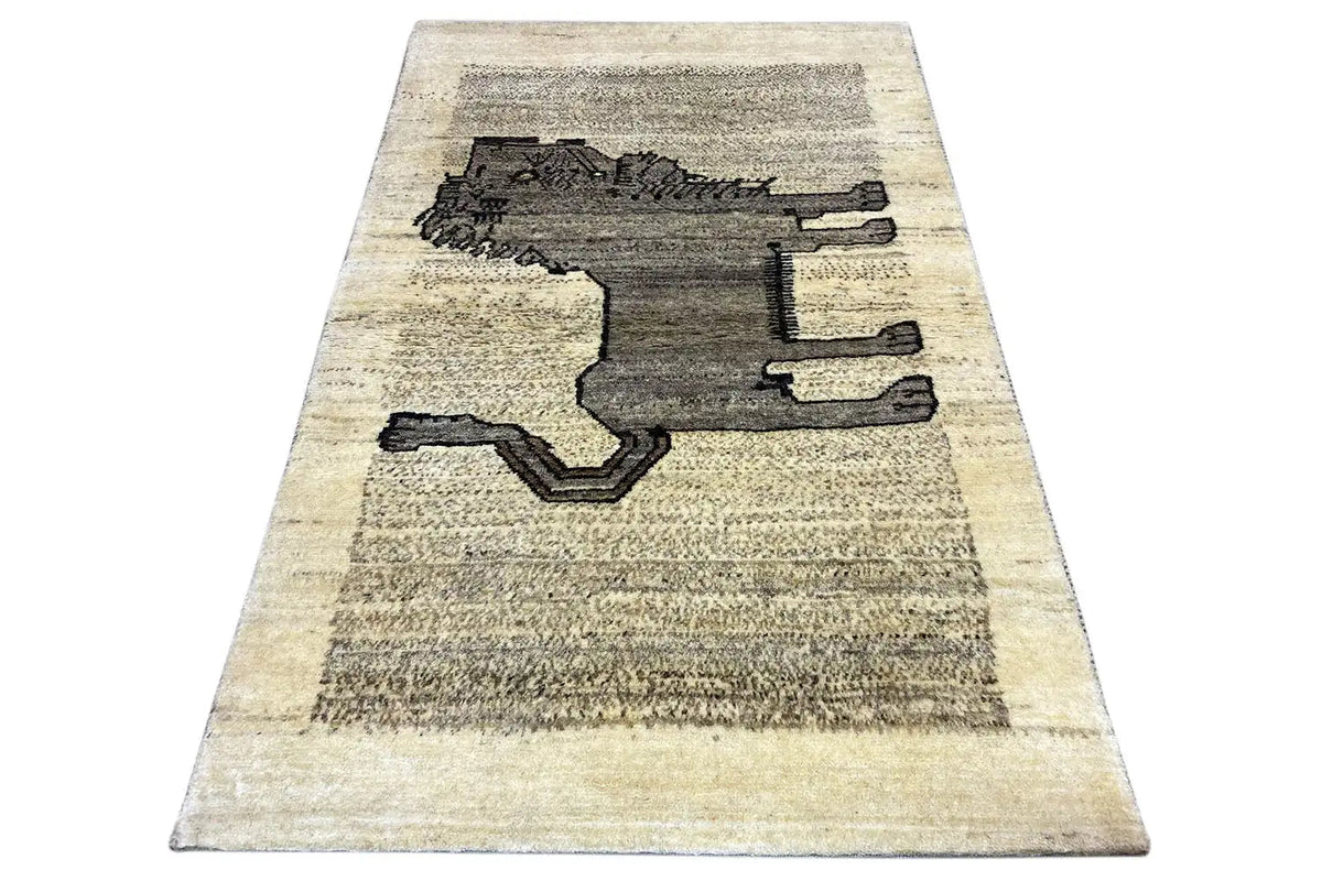 Gabbeh rug, rectangular, lion motif in dark gray on a beige background