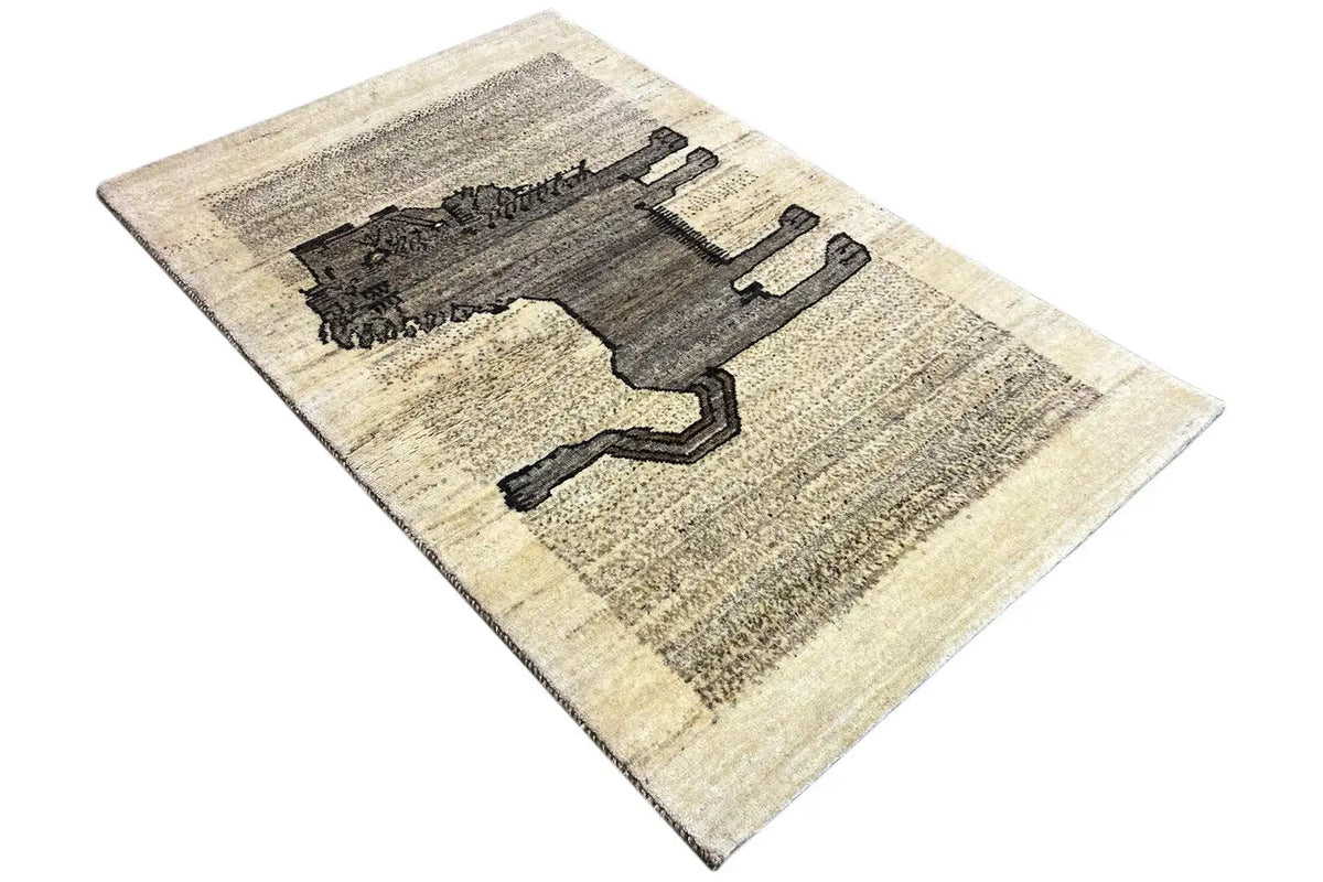 Gabbeh rug with lion appliqué, beige pile with dark gray accents